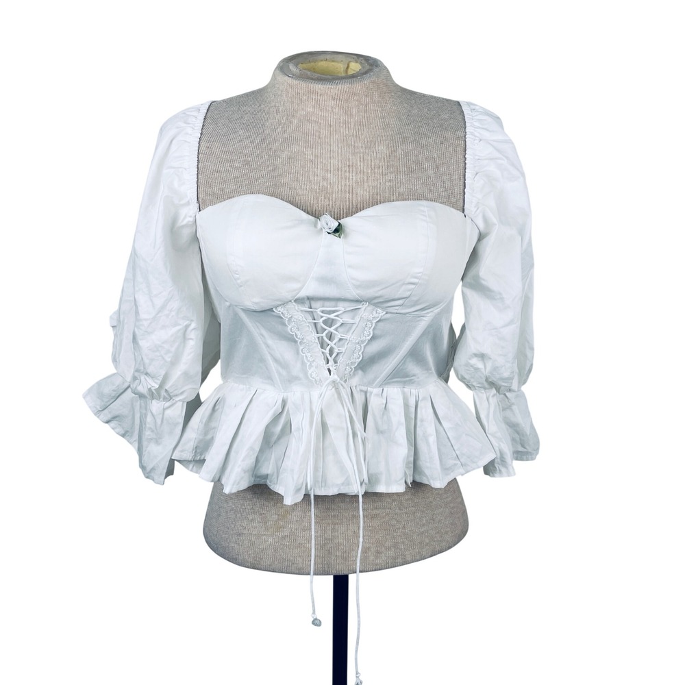 Cider White Cotton Lace Up Corset Milkmaid Peplum Top Puff Sleeve Medium